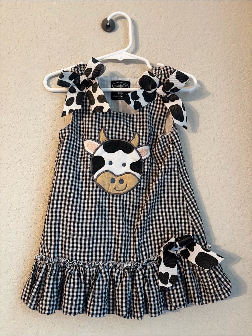 Mud Pie Black & White Gingham Cow Applique Tie-Shoulder Dress